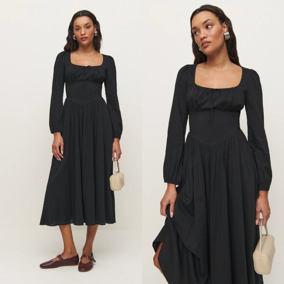 NWT Reformation Oria Midi Dress Sz 0 Black Scoop Neck Basque Waist Long Sleeves - Picture 1 of 11